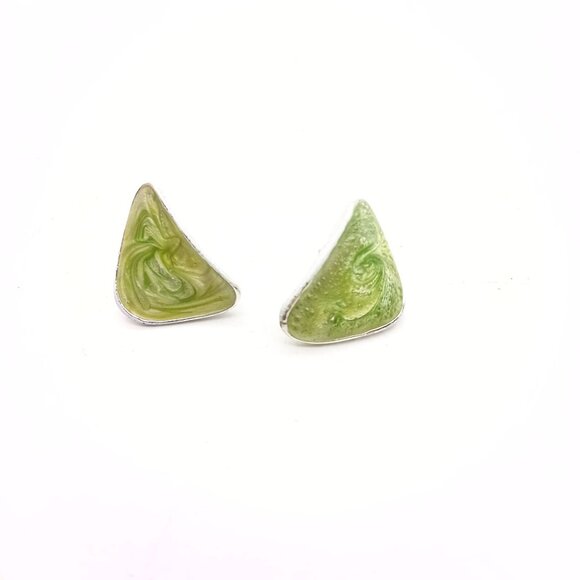 Vintage Triangle Green Enamel Stud Earrings With Silver-Tone Setting - Picture 2 of 4